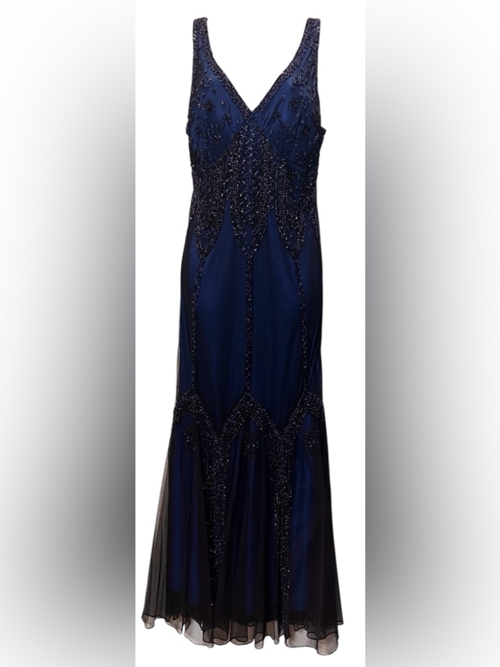 MARINA Size 10 Navy & Black Mesh Beaded & Sequins Mermaid Gown Prom Wedding NEW